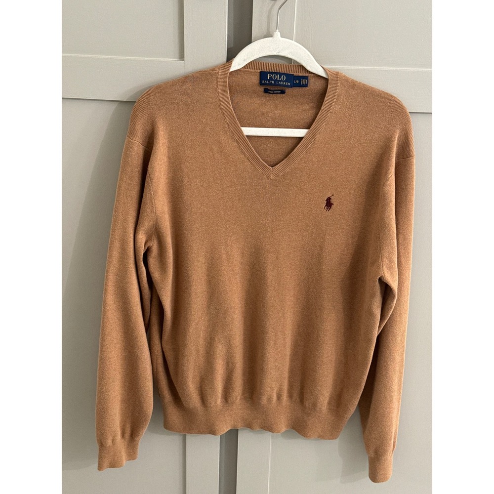 Polo Ralph Lauren women’s V-Neck Pima Cotton Sweater Camel Tan Brown Large L/G - Picture 3 of 7